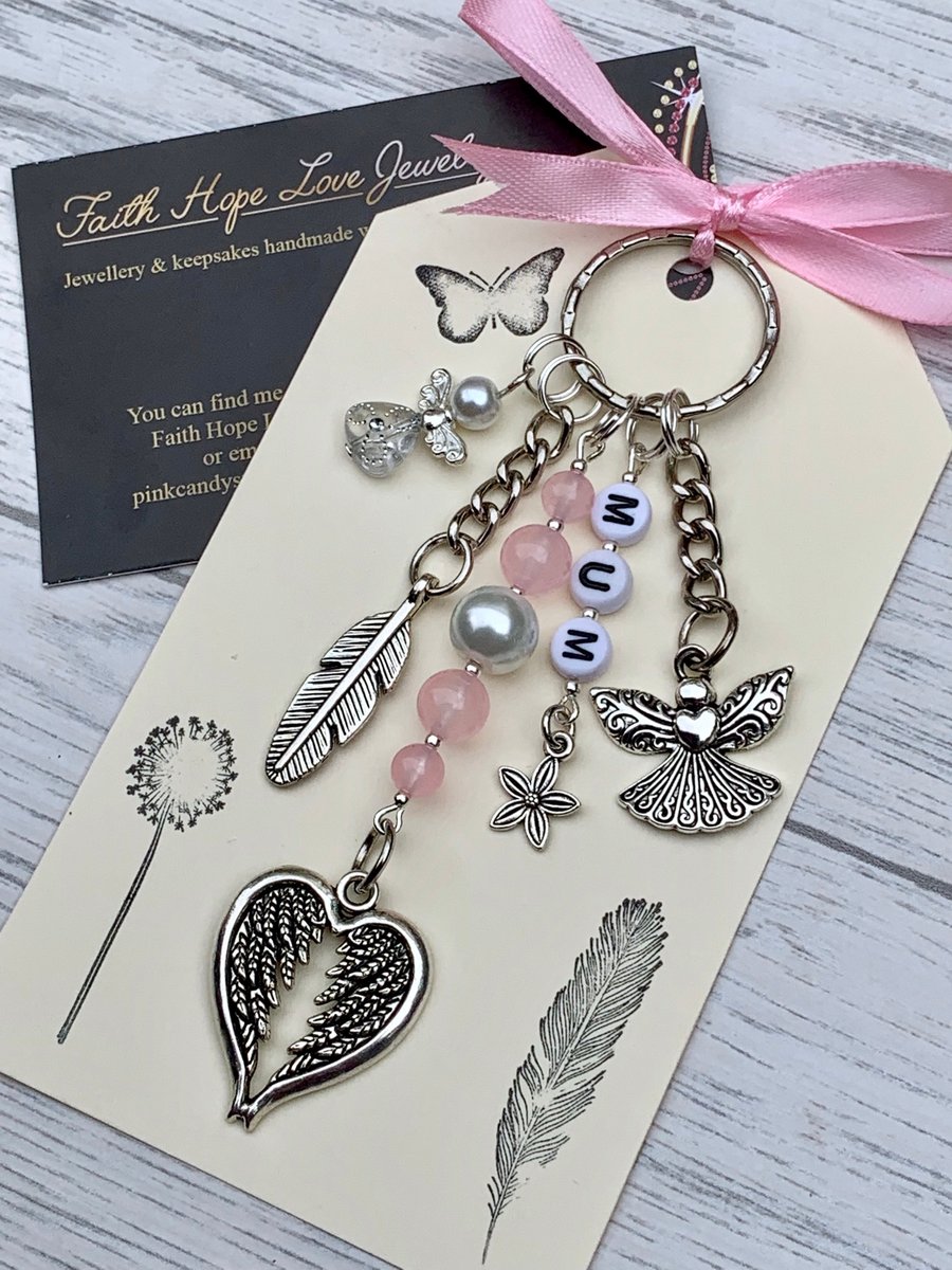 Mum Memorial Gemstone Rose Quartz Keyring Angel