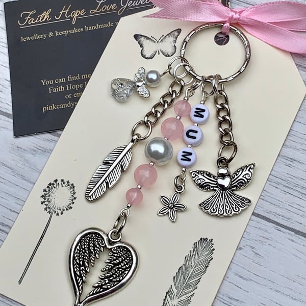 Mum Memorial Gemstone Rose Quartz Keyring Angel