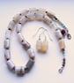 Grey white agate necklace and earrings set gemstone sterling silver neutral