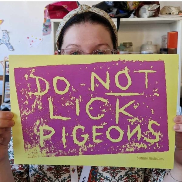 DO NOT LICK PIGEONS. Rhubard and custard coloured A4 print