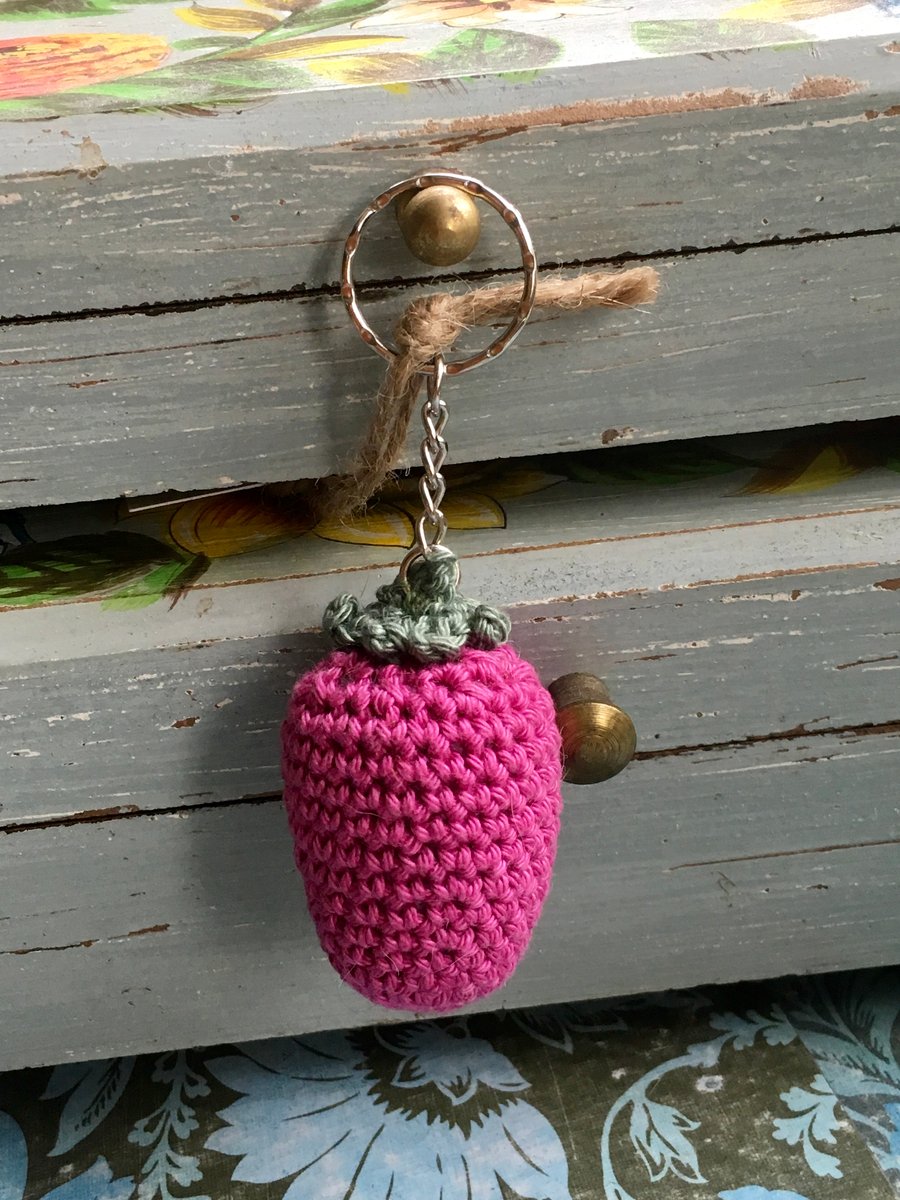 Strawberry Keyring. Crochet padded strawberry Key chain. Free UK P and P.