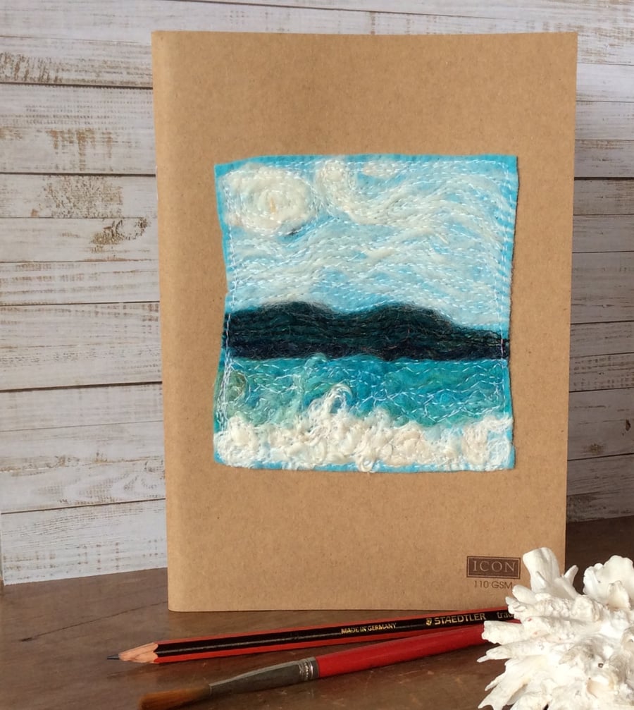 Embroidered seascape sketchbook or kraft book. 