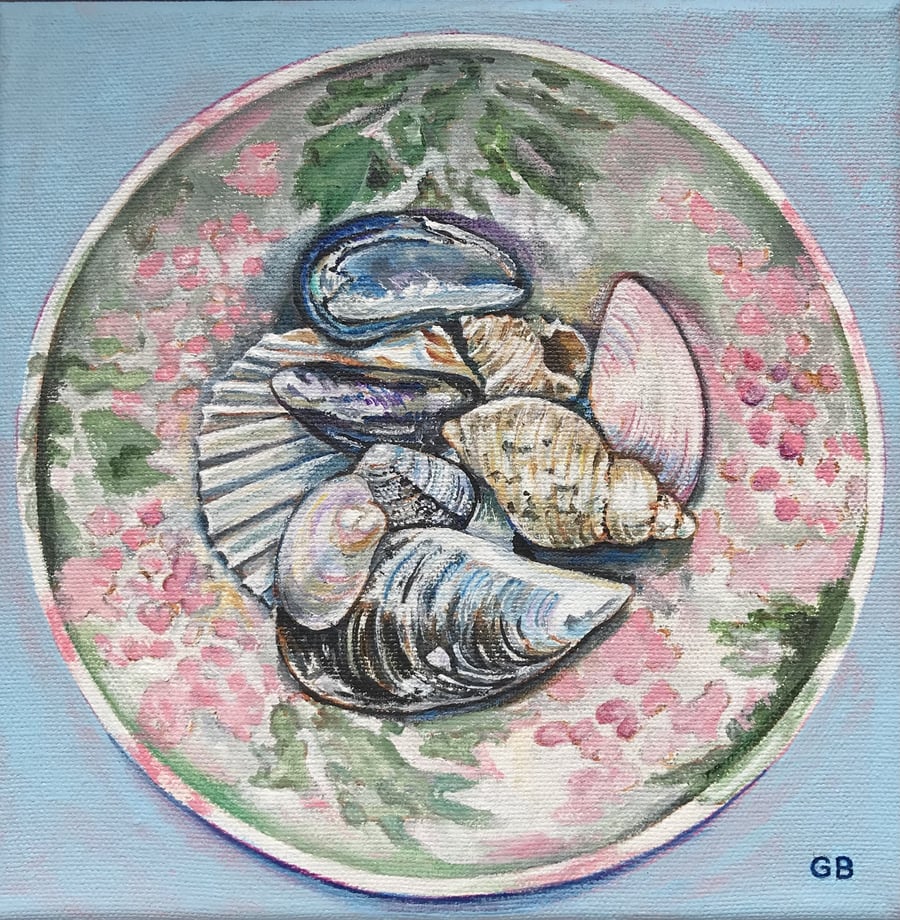 Original Painting, Acrylics, 'Seashells in a Bowl II', Beach Finds, Seaside,
