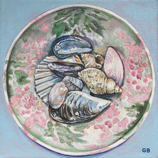 Original Painting, Acrylics, 'Seashells in a Bowl II', Beach Finds, Seaside,