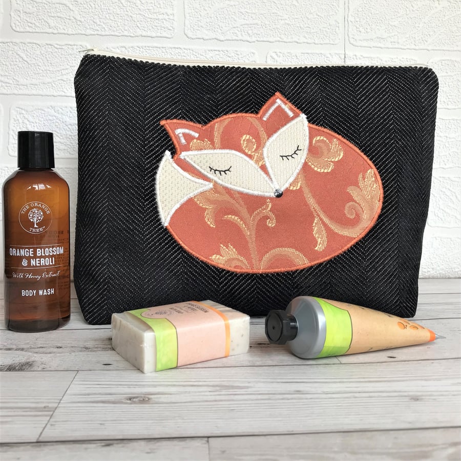 Sleepy Fox toiletry bag, wash bag in black with applique sleeping fox