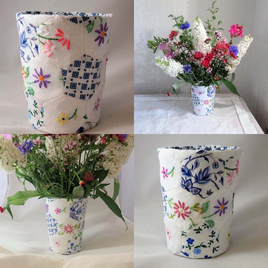Patchwork Flower Vase from vintage fabric and embroidered linen