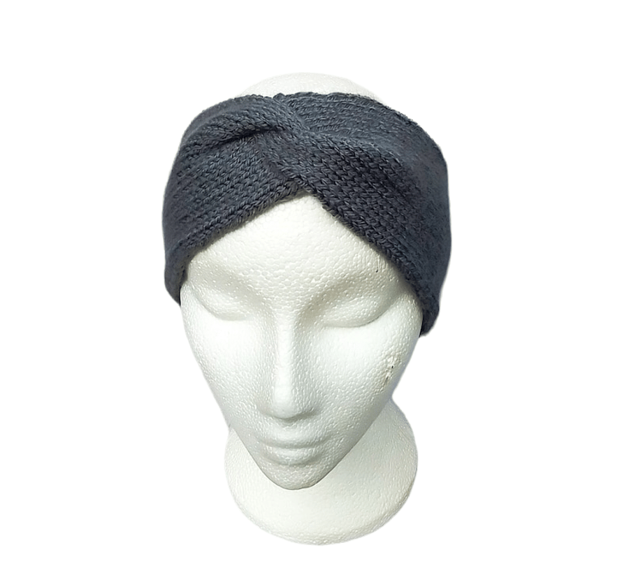 Hand knitted twisted headband ear warmer turban style grey 