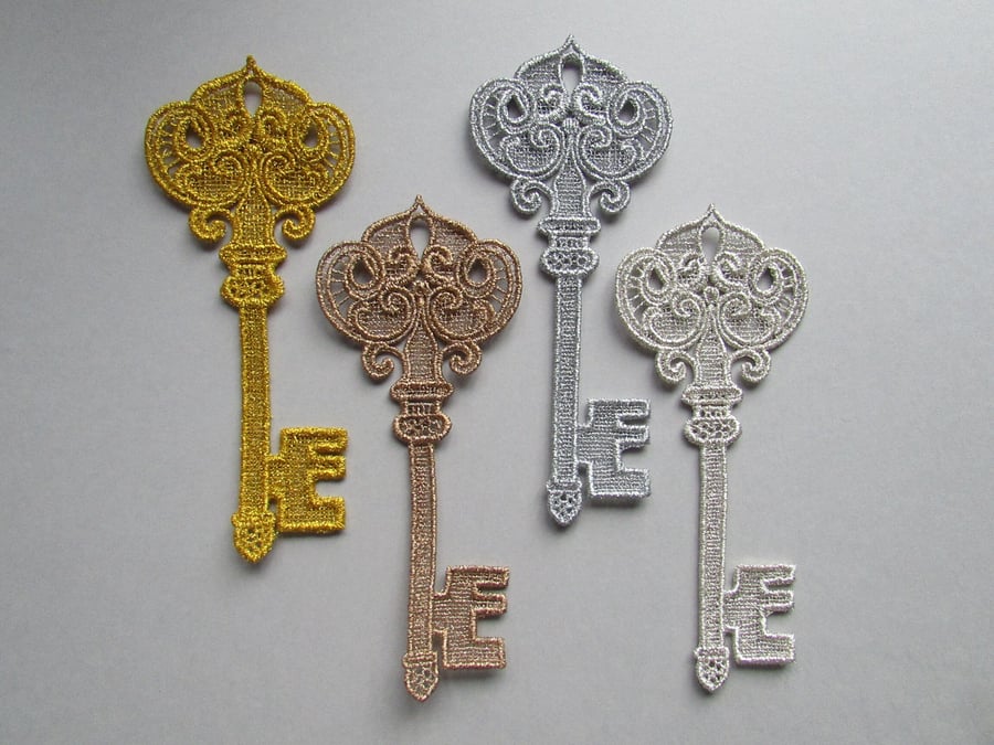 Embroidered Lace Metallic Key Applique you choose colour