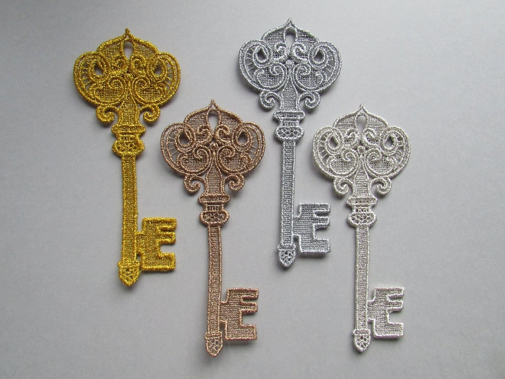 Embroidered Lace Metallic Key Applique you choose colour