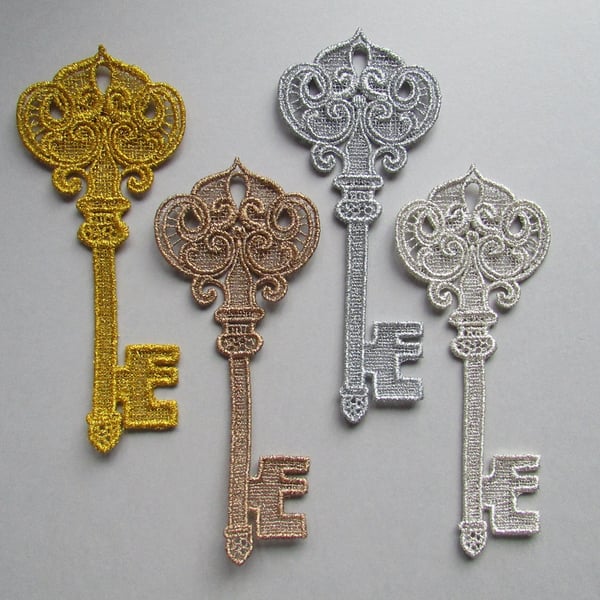 Embroidered Lace Metallic Key Applique you choose colour