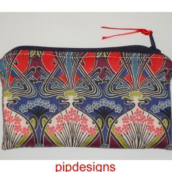 Purse  Art Deco Nouveau Liberty Fabric Ianthe Red Coin Credit Card