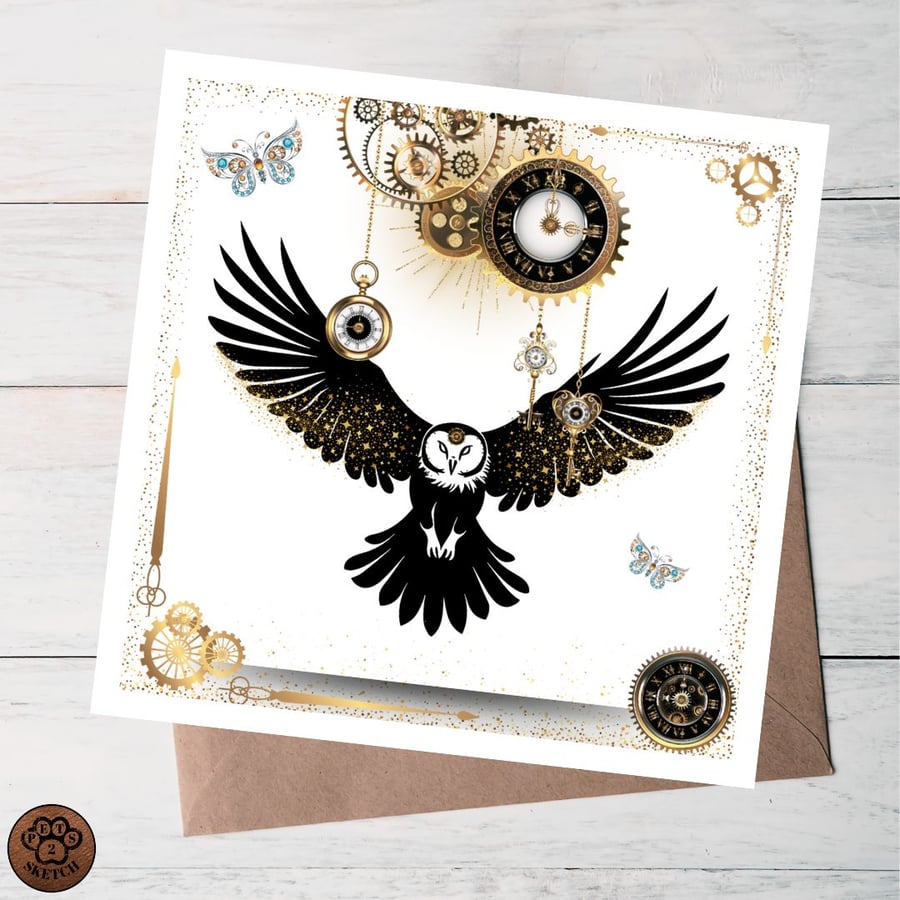 Steampunk Card with Barn Owl Blank Steampunk Card With Recycled Envelope