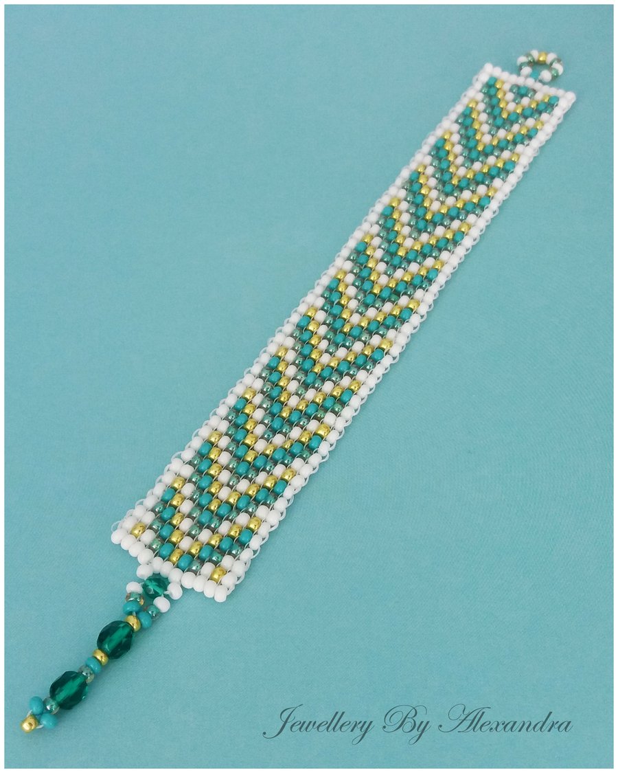 Square Stitch Bracelet-Green, Teal, White and Gold with a Zigzag Pattern