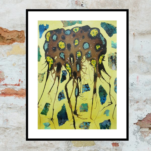 Minimal Abstract Painting Watercolour & Ink Collage Yellow Brown Modern Wall Art