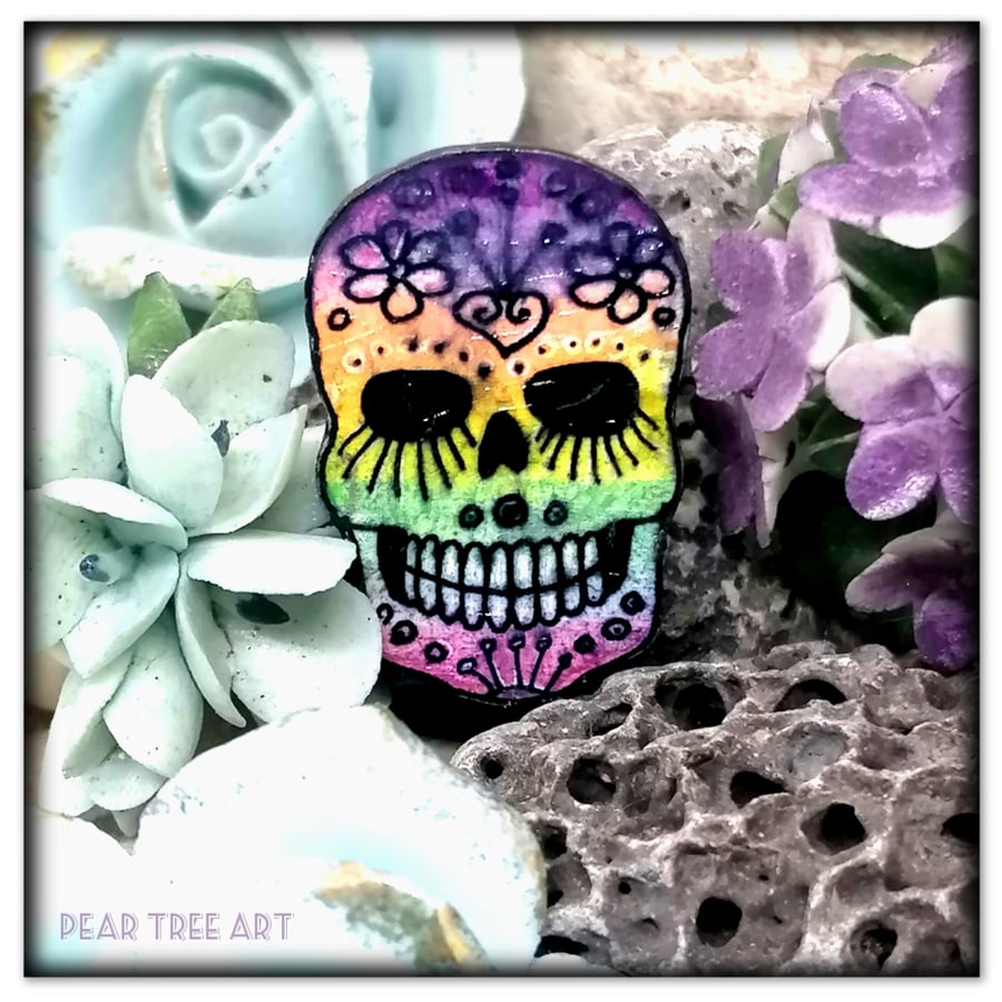 Sugar Skull Brooch, Handmade, multicoloured 