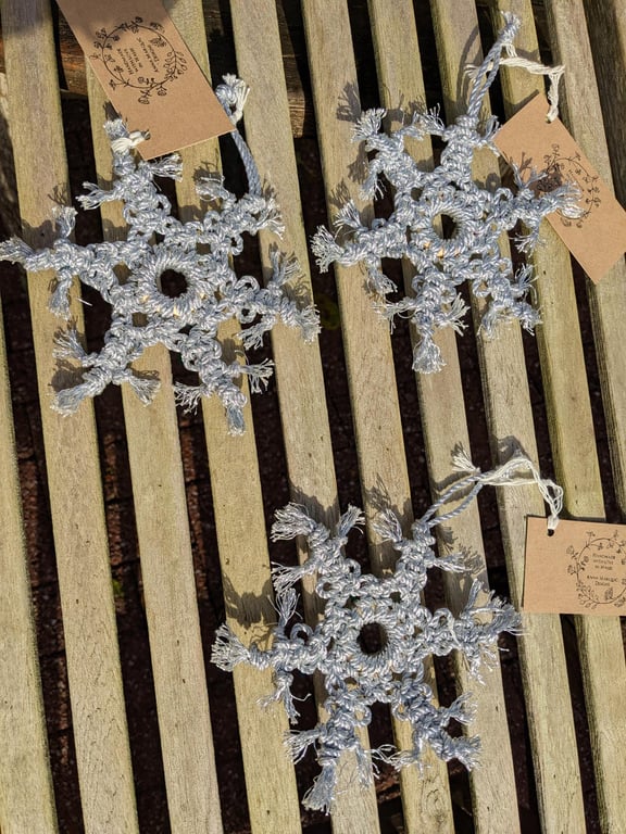 Set of 3 Christmas Decorations Sparkly Macramé Snowflakes