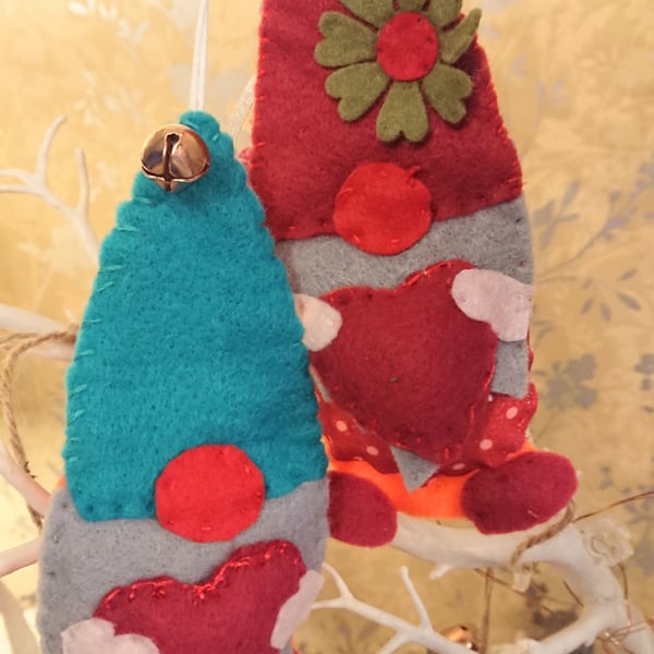 Pair of Rustic Gonk Christmas Tree Decorations Holding Hearts