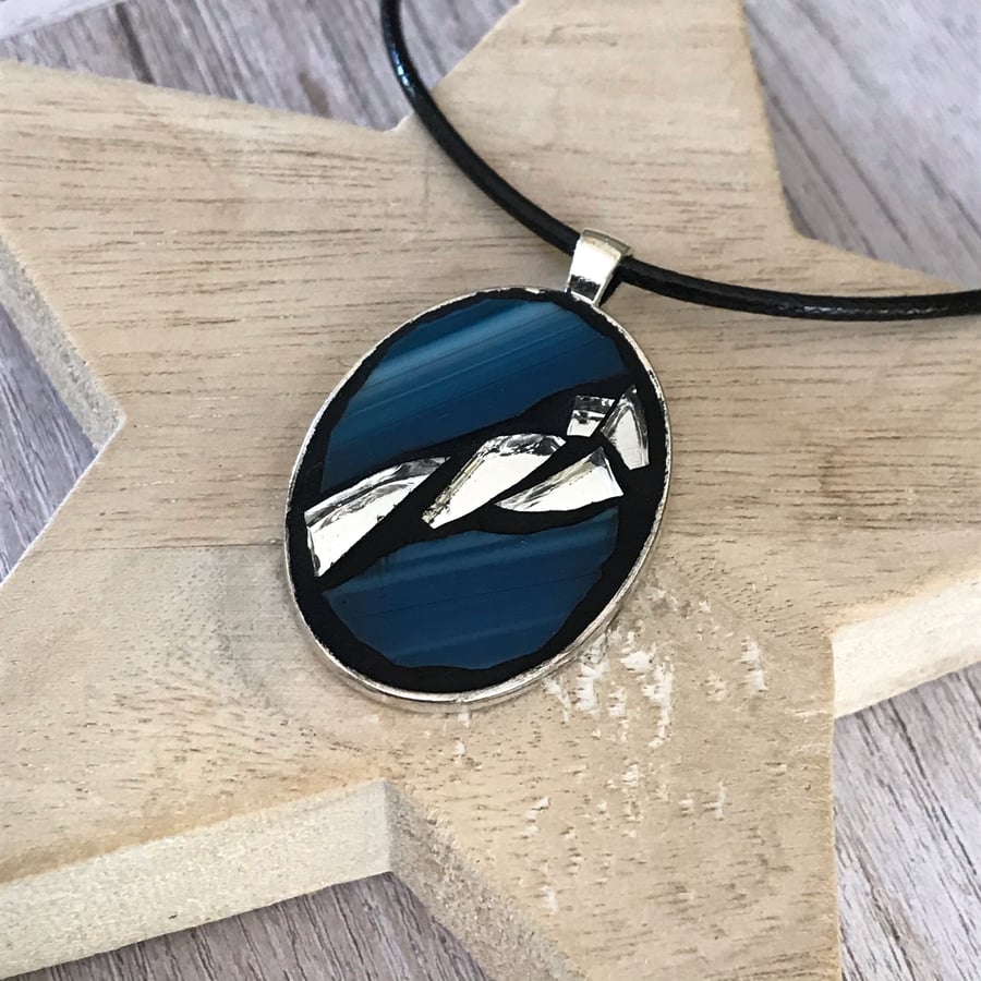 Large Mosaic Necklace, Mosaic Pendant, Large Blue pendant