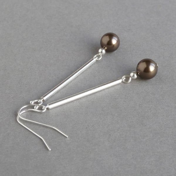 Long Chocolate Brown Drop Earrings - Bronze Pearl & Sterling Silver Bar Earrings