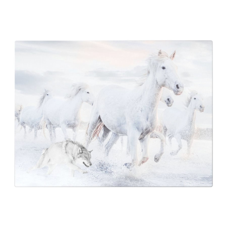 Wild White Horses & Lone Wolf Running Wild Glass Chopping Board