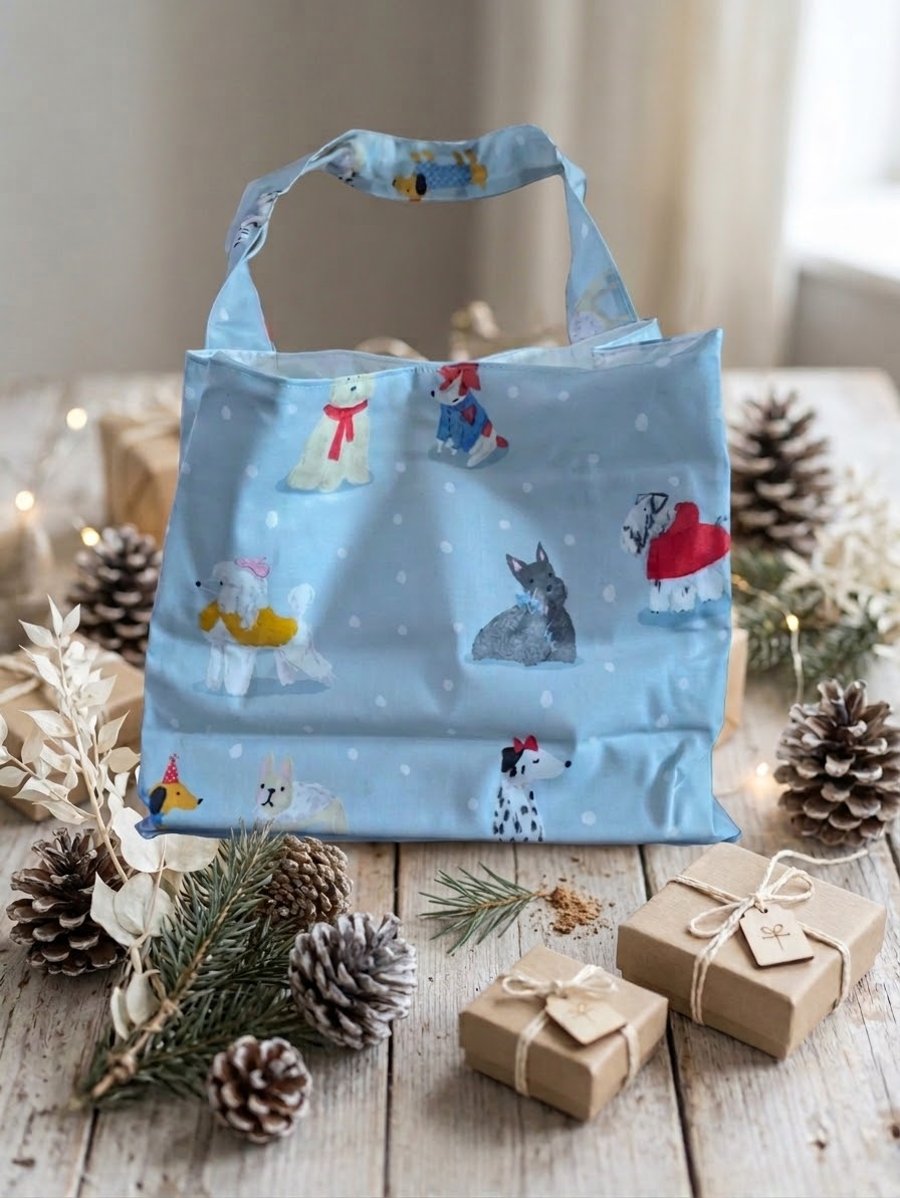 Pale blue Christmas dog shoulder tote shopping bag 