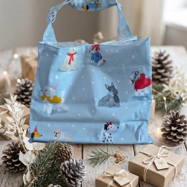 Pale blue Christmas dog shoulder tote shopping bag 