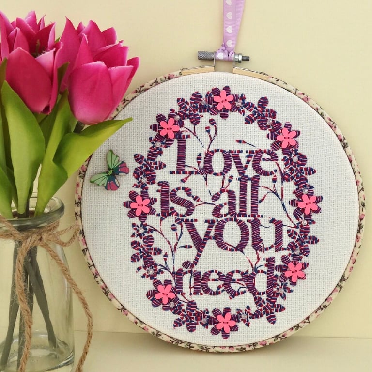 Love Is All (Purple): Embroidered Hoop, Hooped Embroidery Wall Hanging