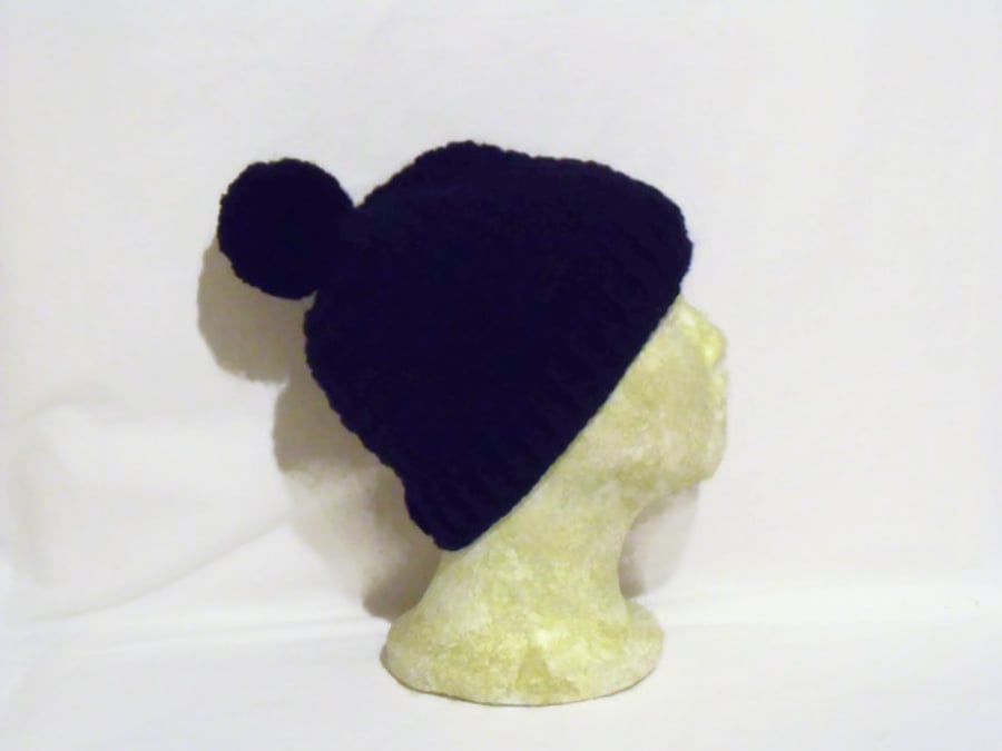 merino navy blue crocheted beanie, pure wool ladies winter pom pom hat