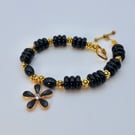 Black & Gold Bracelet With Flower Charm, Birthday, Anniversary, Gift For Her