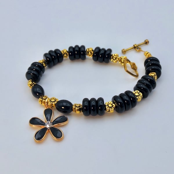Black & Gold Bracelet With Flower Charm, Birthday, Anniversary, Gift For Her