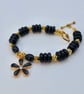 Black & Gold Bracelet With Flower Charm, Birthday, Anniversary, Gift For Her