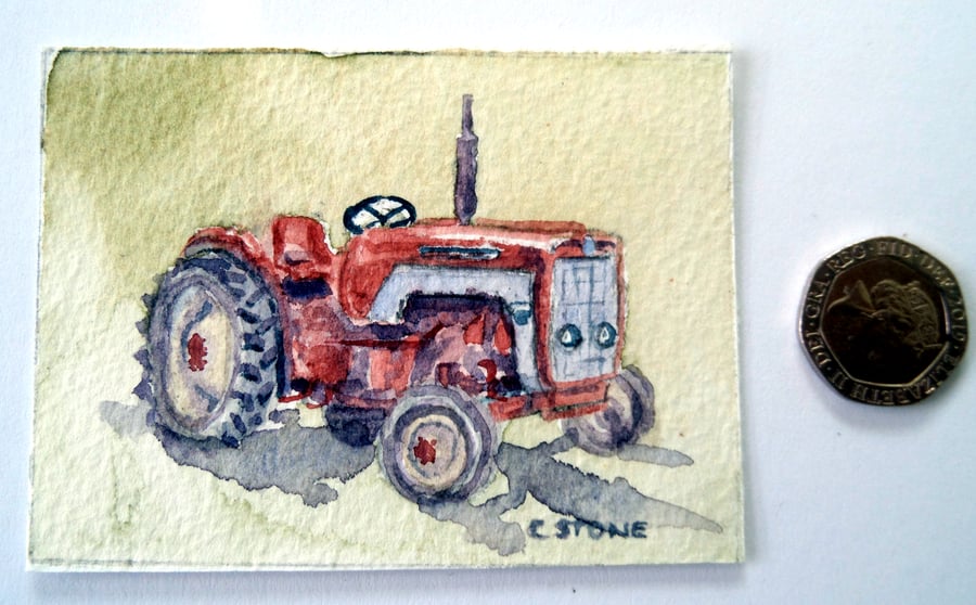 ACEO original miniature watercolour of a classic McCormick 434 red tractor