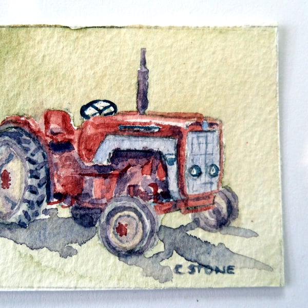 ACEO original miniature watercolour of a classic McCormick 434 red tractor