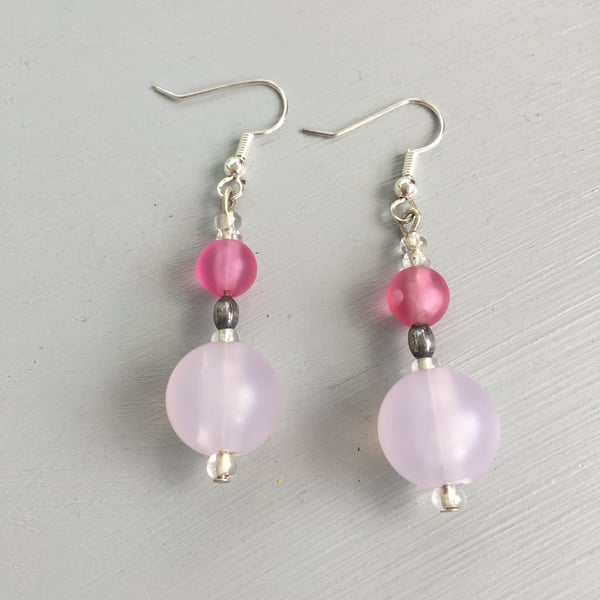 Pink and silver bead dangly earrings