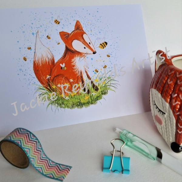 Fox and the Bee's - A5 print from digital art by Jackie Reynolds 