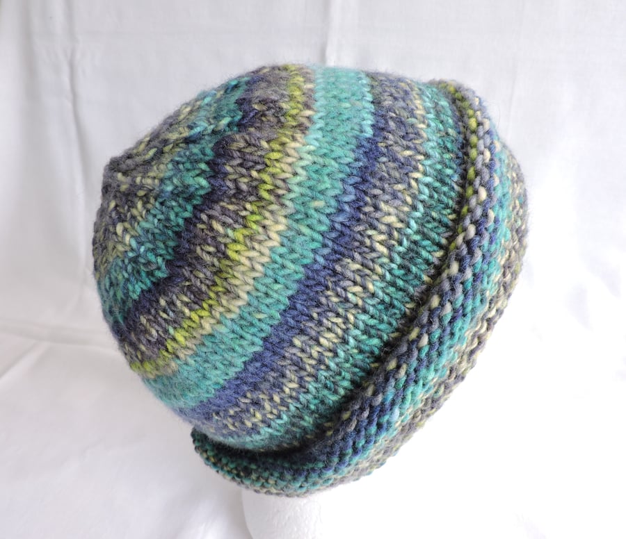 Sale  Beanie Hat Knitted in a Chunky Yarn Teal Slate Blue Lime Cream