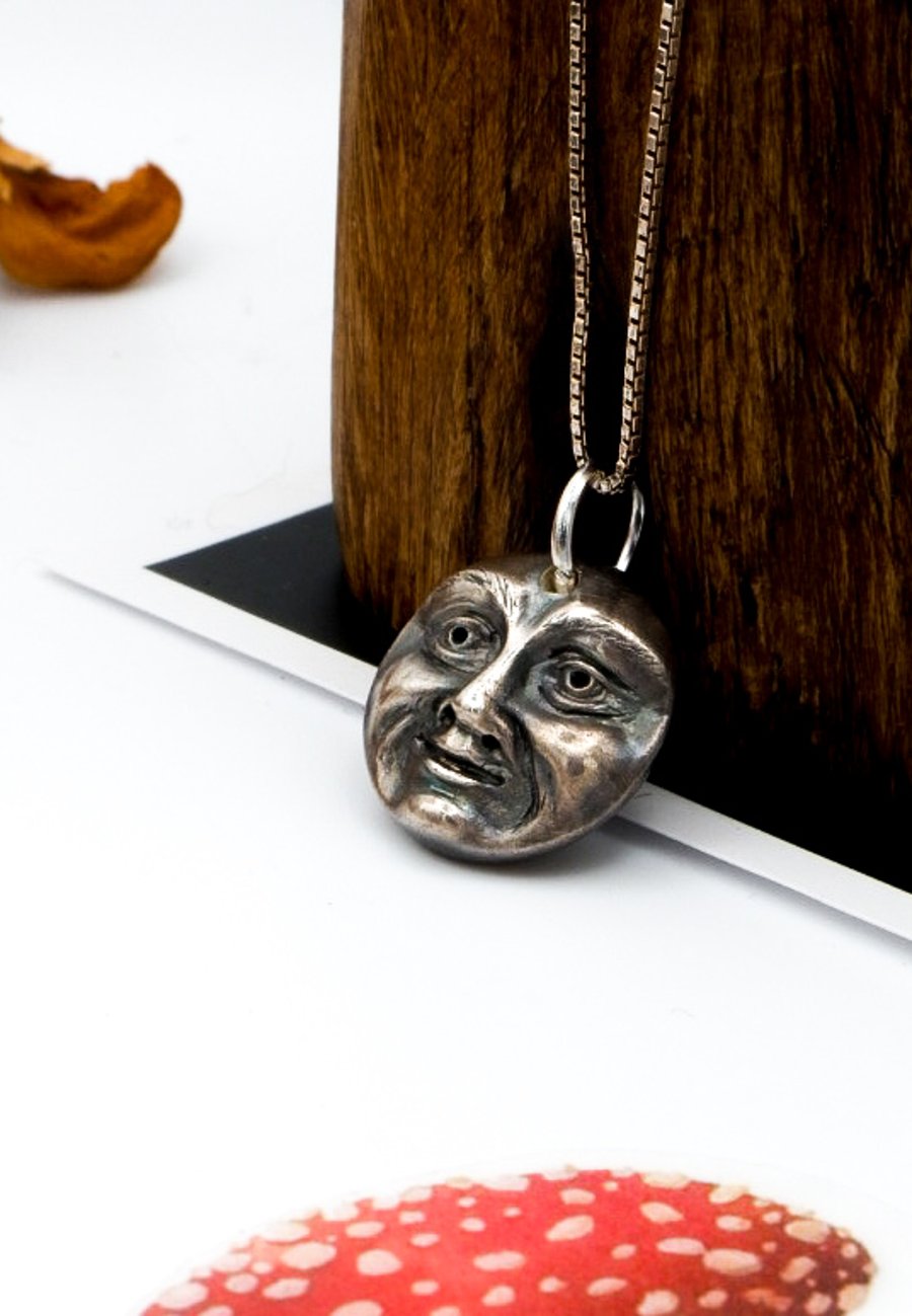 Celestial Grinning Mini Moon Face Solid Recycled Silver Pendant Necklace 