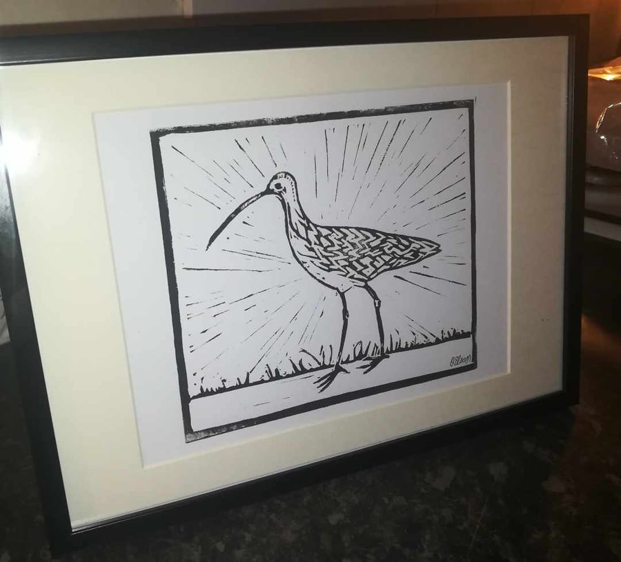 Curlew Lino Print A4 black and white.