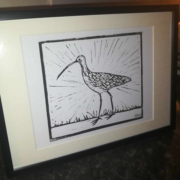 Curlew Lino Print A4 black and white.