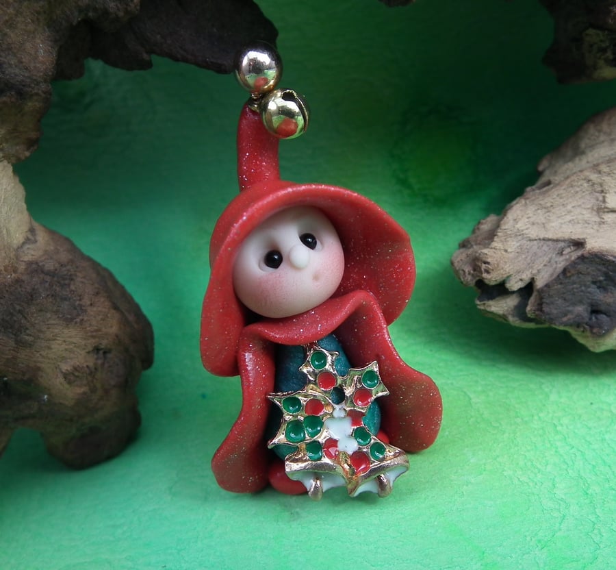 'Livvi' Tiny Christmas Gnome Elf with bells OOAK Sculpt by Ann Galvin