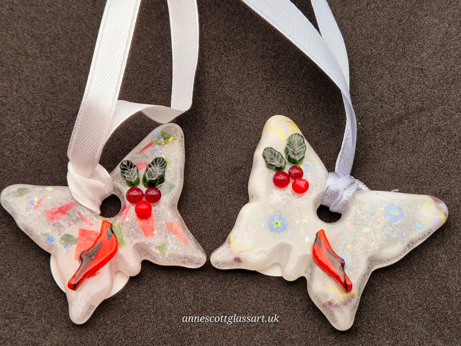 Two Handmade Fused Glass Butterfly Christmas Decoration with Red bird and Holly