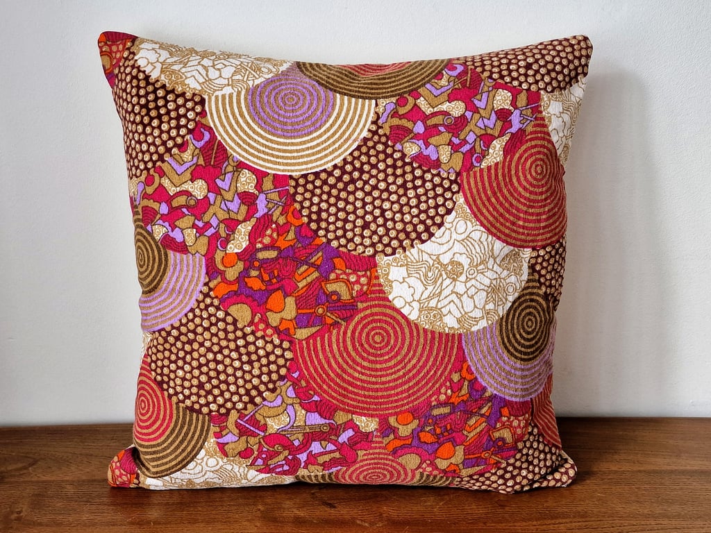 Handmade cushion cover vintage 1970s bark cloth fabric Heather Brown Bayeux