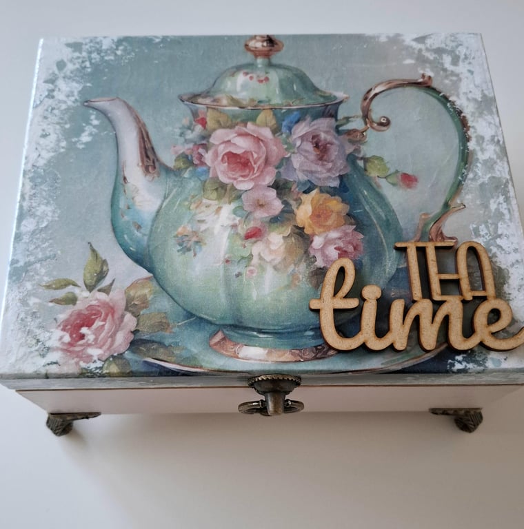 Decoupaged Wooden Tea Box, Hand-Painted Tea Bags Storage