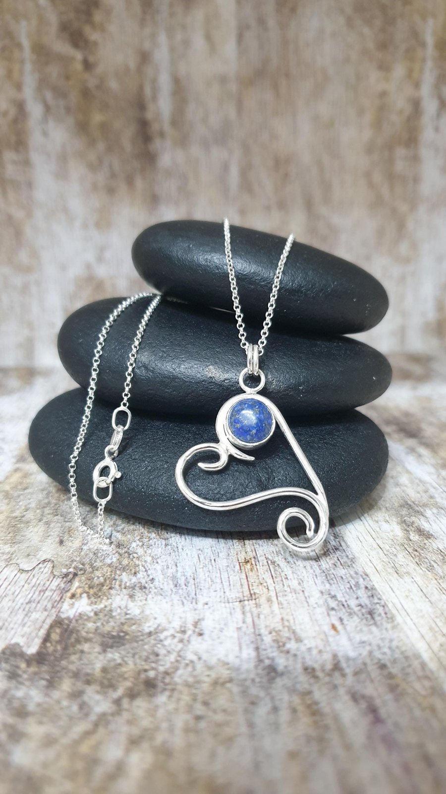 Sterling Silver Unique Heart Pendant With Lapis Lazuli Full Hallmark