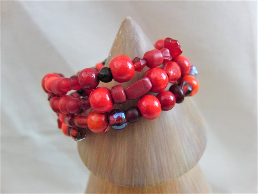 3 Strand Red Glass Bead Memory Wire Cuff Bracelet, Ladies Cuff Bracelet