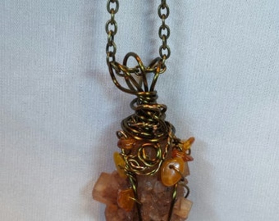 Handcrafted Wire Wrapped Raw Aragonite and Amber Unisex Pendant
