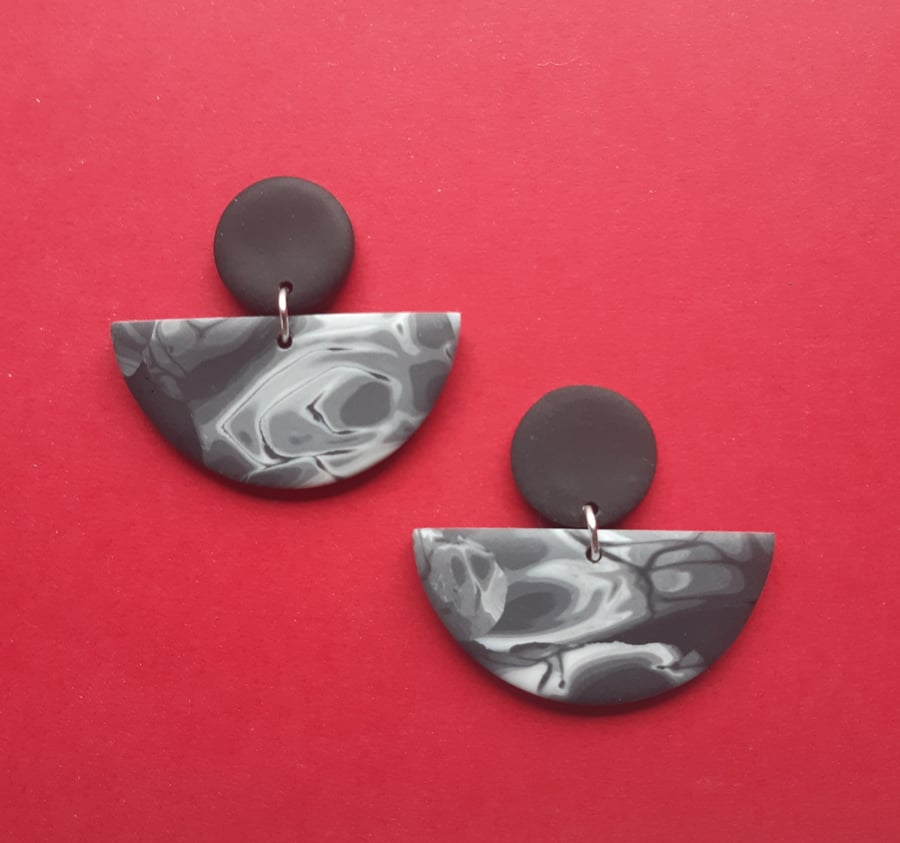 Half circle earrings, Graphic abstract dangles, Monochrome jewellery, 