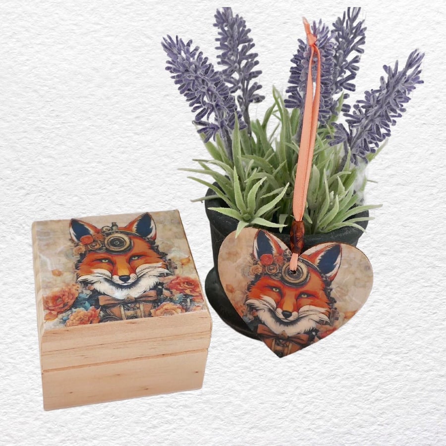 Fox: Decorated Wooden Ring Trinket Box 7cm & Hanging Heart