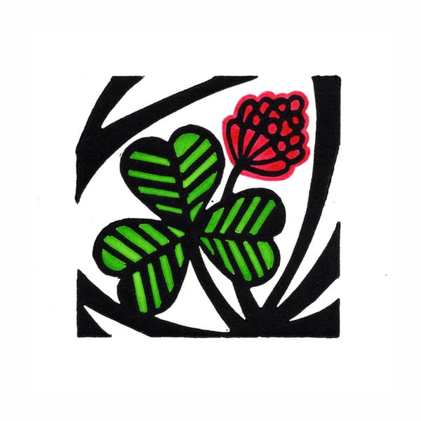 Pink Clover linocut mini print