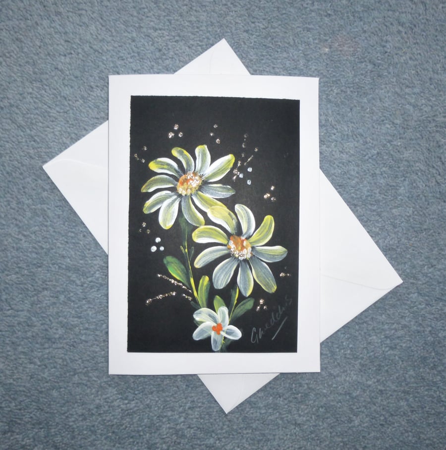 hand painted original art daisy greetings card ( ref F 402.K1 )